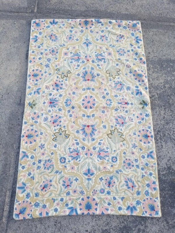 Vintage Traditional Handmade Kashmiri Chain Stitch Wool Blue Kilim 4.8x2.10ft gallery