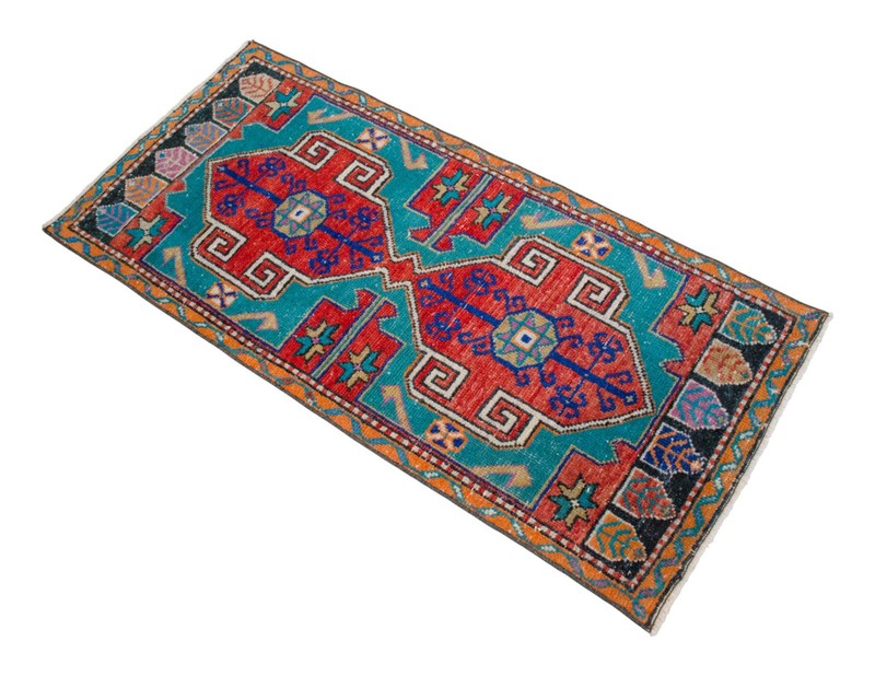 Vintage Distressed Small Area Rug Hand Knotted Oushak Rugs Yastik -1'10"x4' gallery