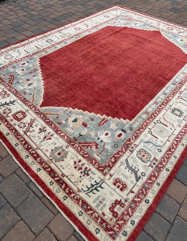 Contemporary Handmade Afghan Kazakh Area Rug, Unique Red Open Field Design, 9x11 gallery