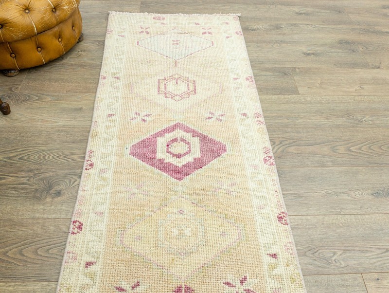 Turkish Oushak Mocha Pink Blue Wool Runner 2.3x12.4 ft Hand Woven Vintage Carpet gallery