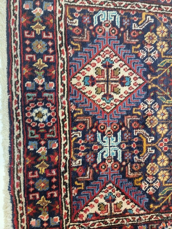 Antique Oriental Hand-Knotted Wool Runner Navy Blue/Red/Ivory/Green 2'10" x 12'8 gallery