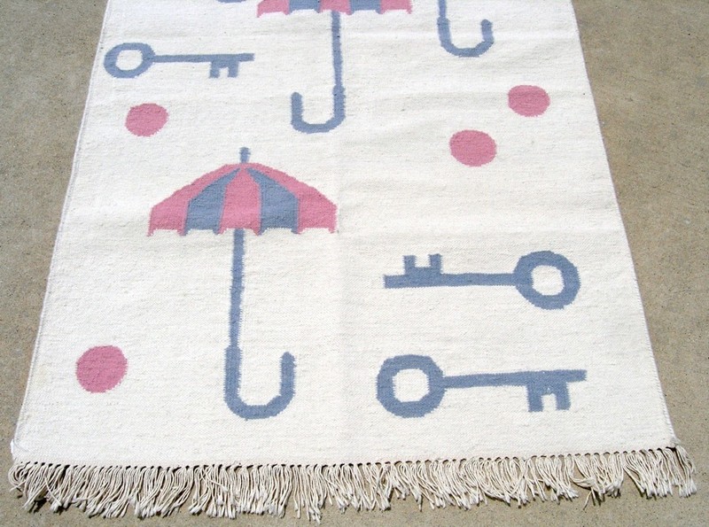 Vint Hand Woven Rug Kilim Flat weave Wool 3x5 LN Keys Pink Blue balls Umbrellas gallery
