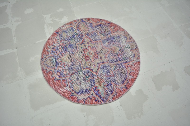 Red Vintage Handmade Rug, Round Entry Mat, 2.7x2.7ft, Red Circle Turkish Rug, gallery