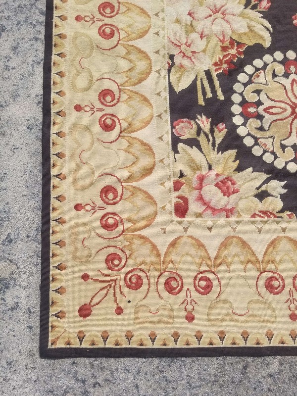 Vintage French Needle Point Handmade Floral Beige Wool Rug Carpet 177x113cm gallery