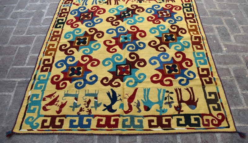 5x6 ft Square Vintage Afghan Suzani Kilim Area Rug Handmade Geometric Yellow Rug gallery