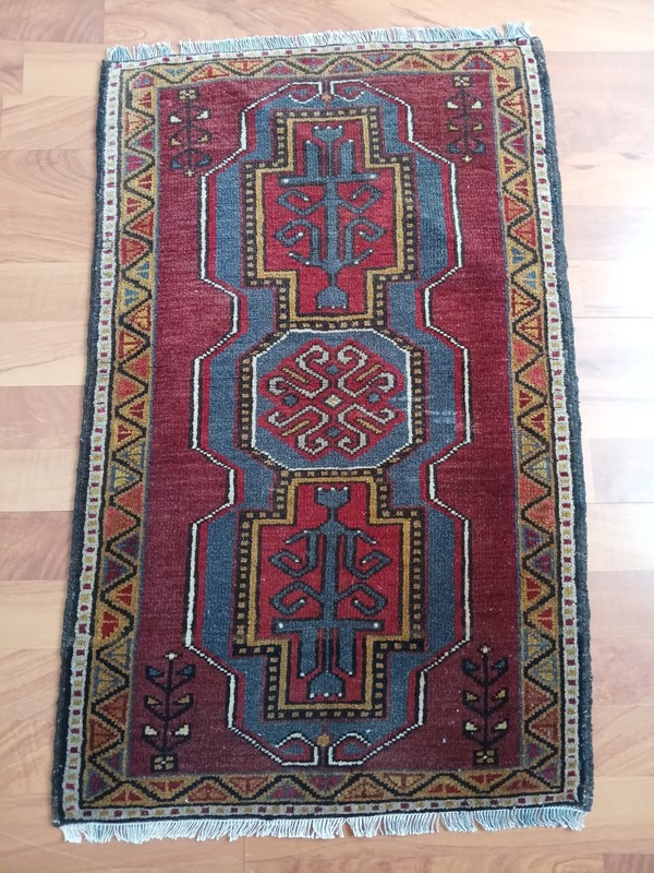Antique Unique Geometric Rug, Tribal vintage rug, Handmade Caucasian Blue Rug gallery