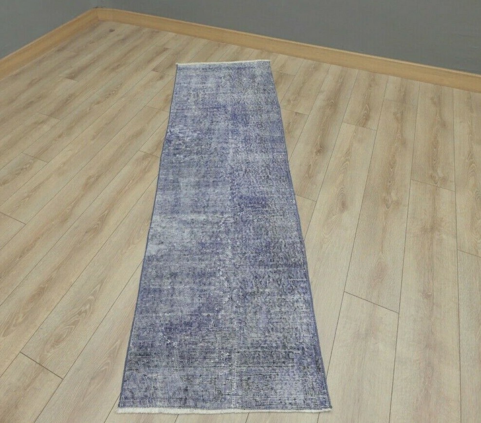 Overdyed Runner Rug Traditional Handmade Vintage Blue Sparta Wool Carpet 2x7 ft