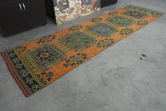 Vintage Turkish Runner Rug 3×11 ft, Faded Oushak Wool Carpet, Soft Muted Rug,523