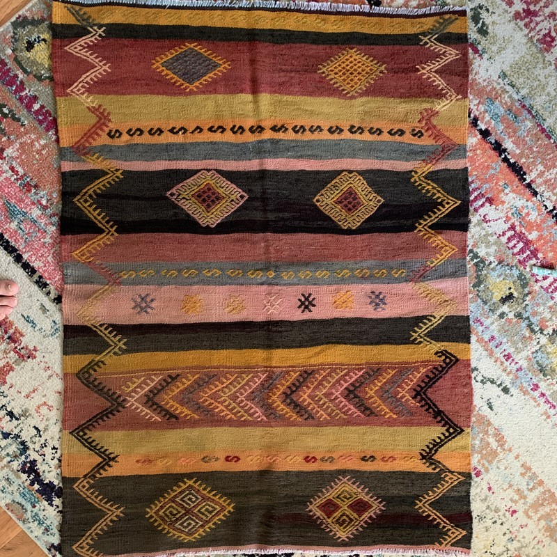 Handmade Turkish Wool Carpet Kilim Halı Black/Brown/Mustard/Pink/Gray/Blue 54x40 gallery