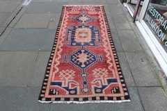 Vintage Worn Hand Made Traditional Oriental Wool Red Blue Long Runner 235x90cm