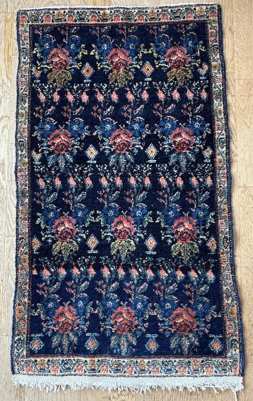 Fine Antique 2x3 Sennehh Rug C. 1910 Golfarang Flower pattern Navy Peach Ivory gallery