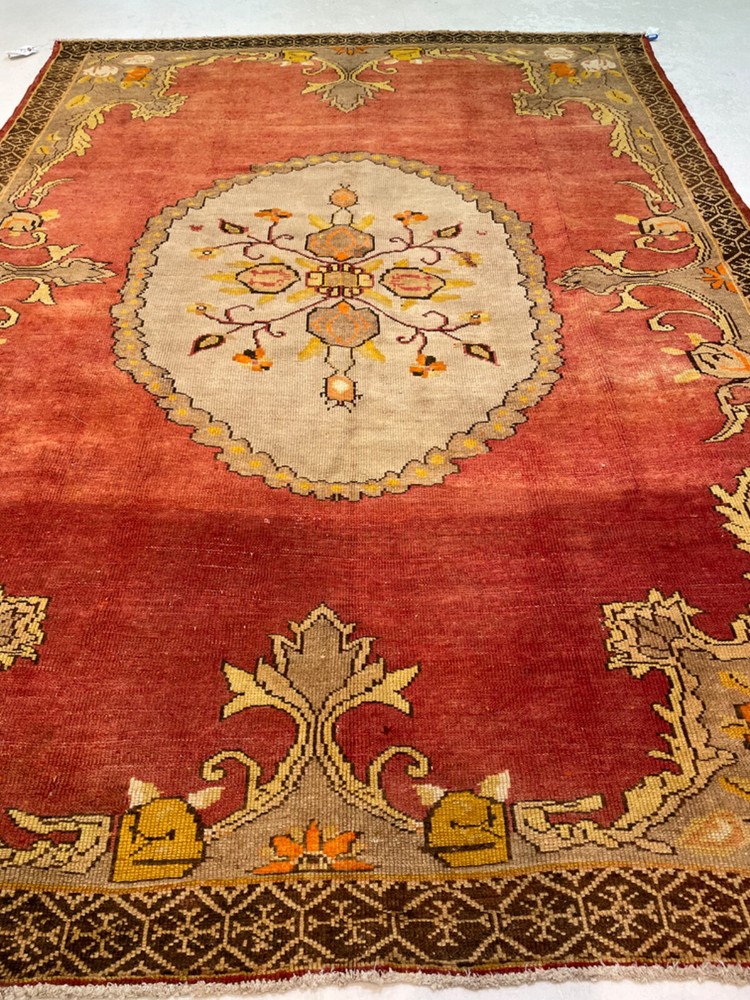 Antique Oriental Hand-Knotted Wool Area Rug Turkish Oushak Red/Gold 7'5" x 10'5"