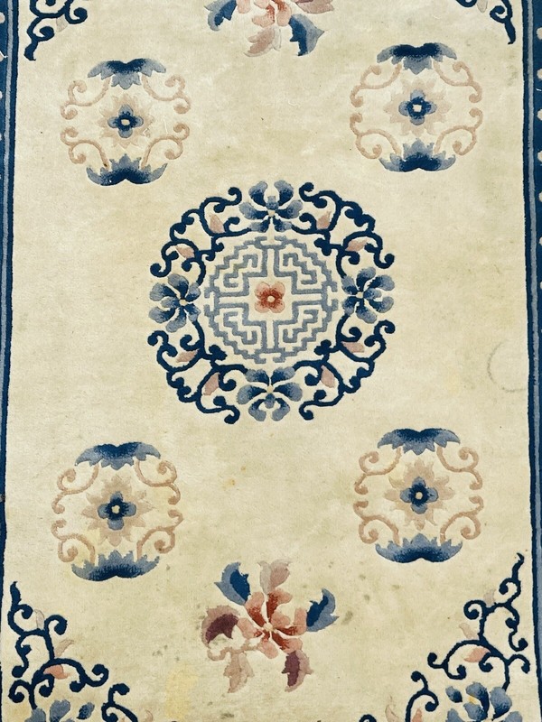 Gorgeous C1960 Hand Tied Sculpted Chinese Blue & White Peking Style Wool Rug gallery
