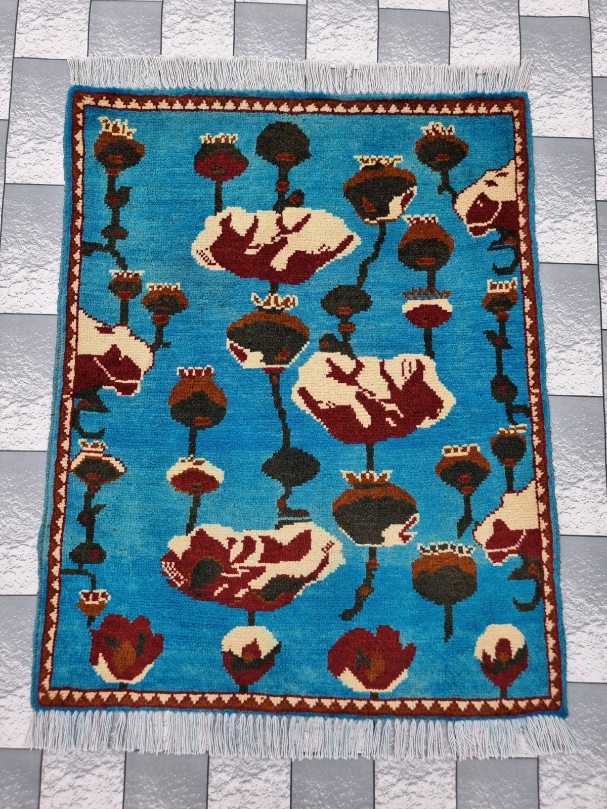 Hand Afghan Opium Flower Rug Tribal Wool With Knotted Wall Hanging Rug gallery
