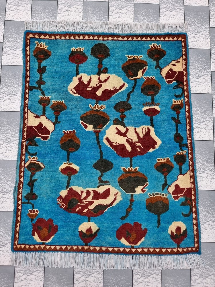 Hand Afghan Opium Flower Rug Tribal Wool With Knotted Wall Hanging Rug