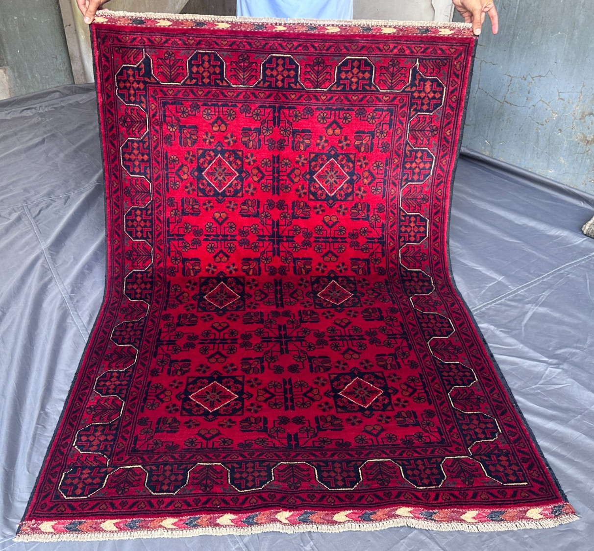 Hand Knotted Afghan Turkmen Rug Khal Mohammadi Red Geometric Moss Rug 3'7x5'2 gallery