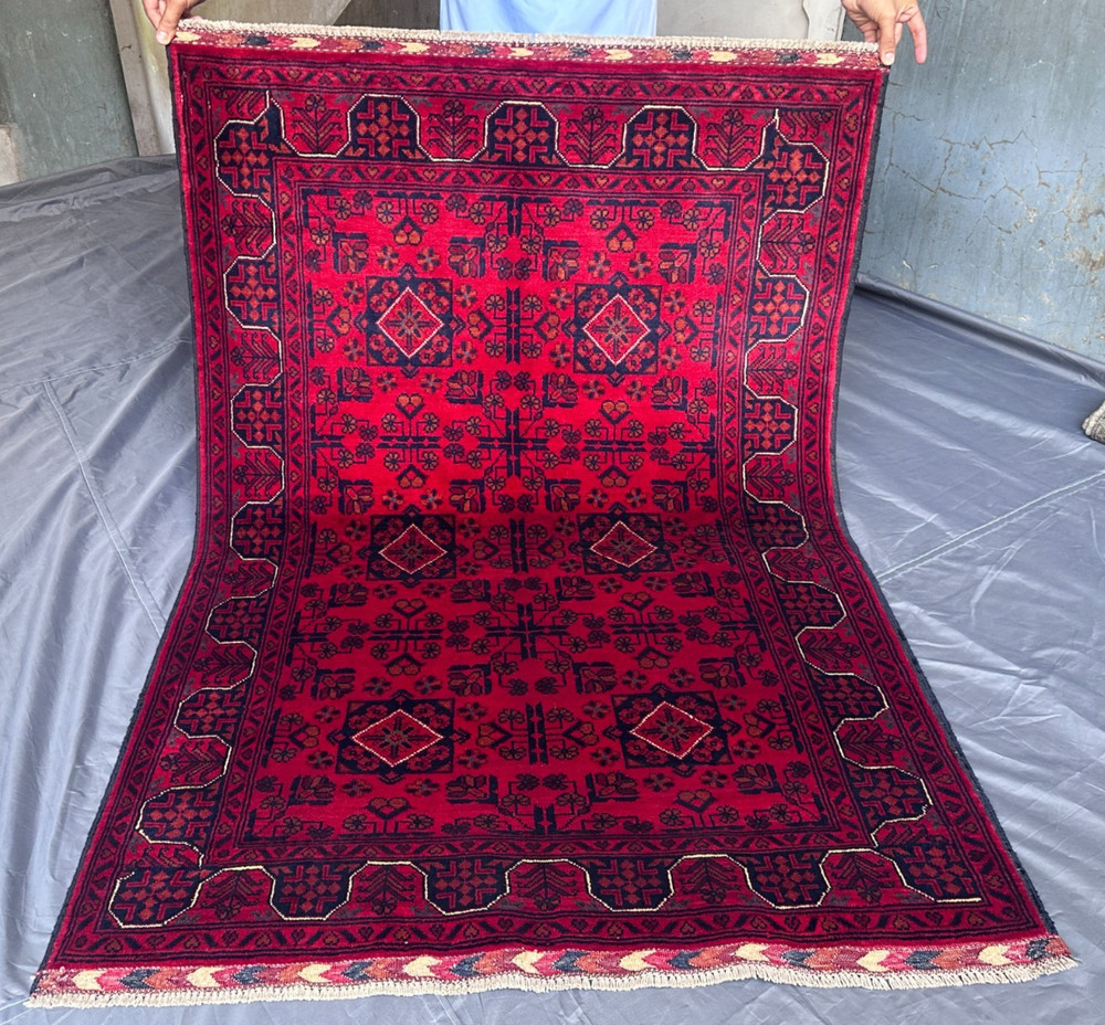 Hand Knotted Afghan Turkmen Rug Khal Mohammadi Red Geometric Moss Rug 3'7x5'2