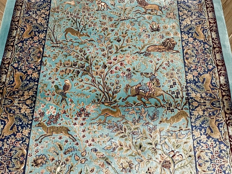 Persian Style Silk Rug Hunting Scene Design 88x60 cm Luxurious Decorative Accent gallery