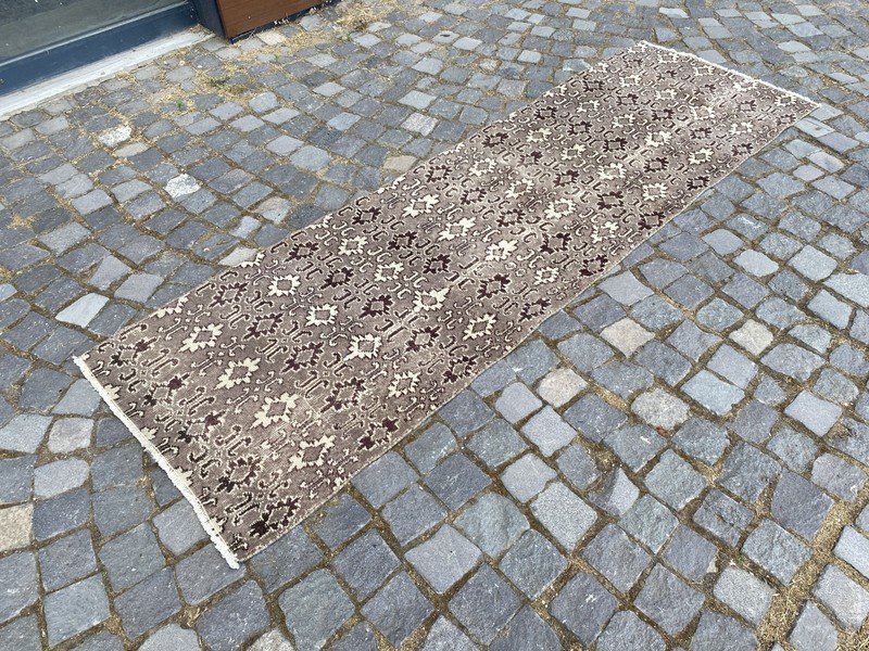 Vintage Oushak Runner Rug, Hand-Knotted Wool, Brown Taupe Neutral Hallway Runner gallery