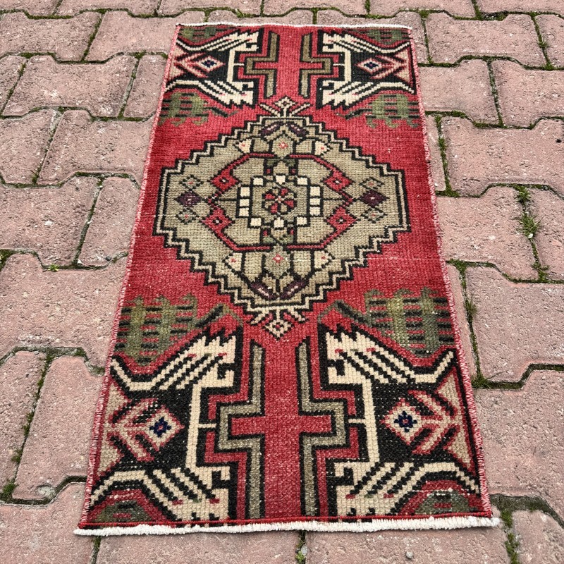 Brick Cream 1x3 Vintage Turkish Oriental Wool Rug - Tariff Free gallery