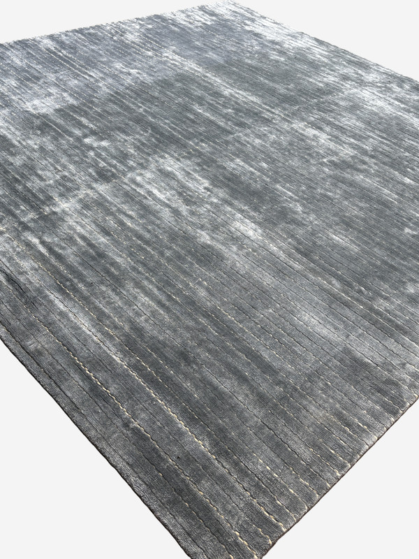 Handmade Blue Silk Wool Rug: Modern Beige Stripe Carpet gallery