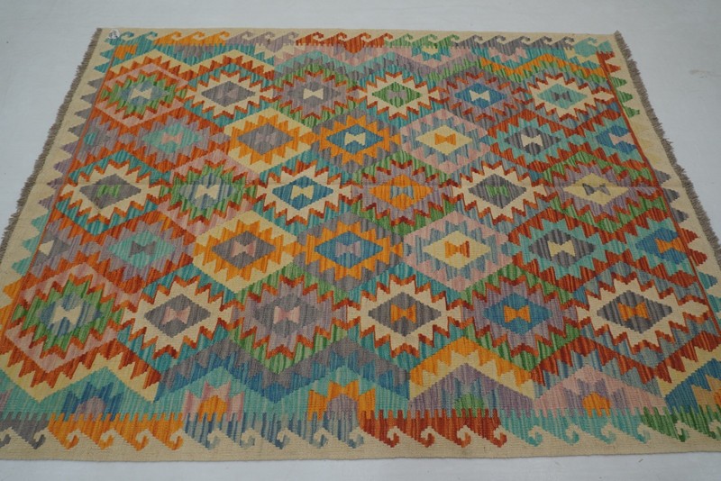 5x7 ft Beige Afghan Hand Woven Wool Reversible Kilim Rug 5'x6'5" gallery