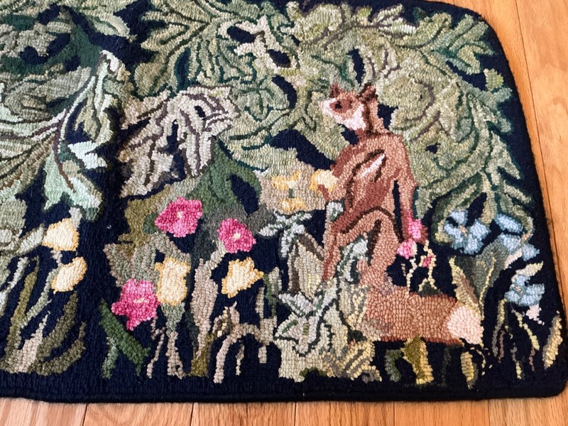 c1940s American Folk Art Pictorial Hooked Rug FOX & Hare in Ivy Patch 17”x 33” gallery