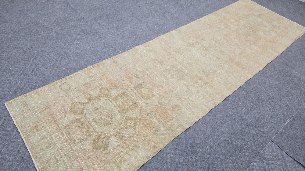 Neutral Turkish Runner Rug 4x12 Vintage Oushak Cream Brown Blush Beige Runner