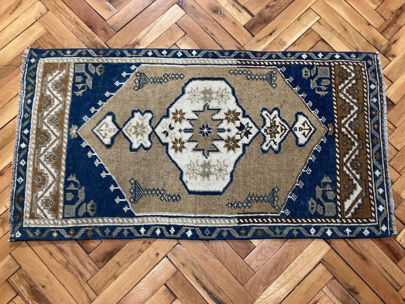 Vintage Anatolian Wool Rug 1.8 x 3.5 ft Brown Blue Turkish Handwoven Carpet gallery