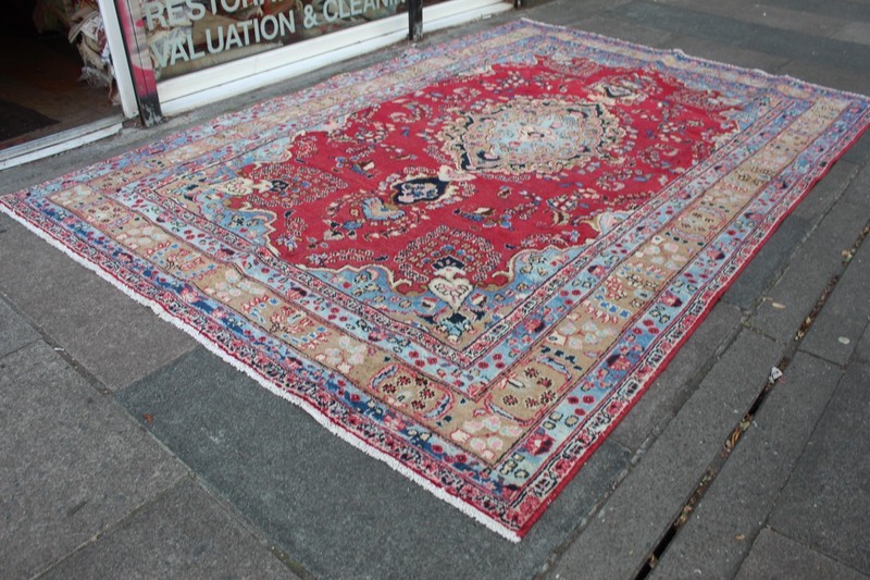 Vintage Hand Made Traditional Carpet Worn Oriental Wool Red Blue291x195cm gallery