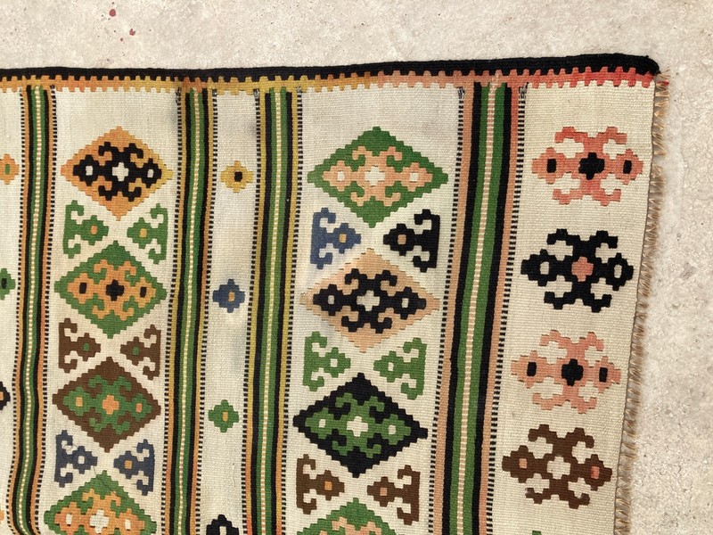 Vintage Handmade Turkish Anatolian Striped Diamond Wool Kilim Rug 241x141 cm gallery