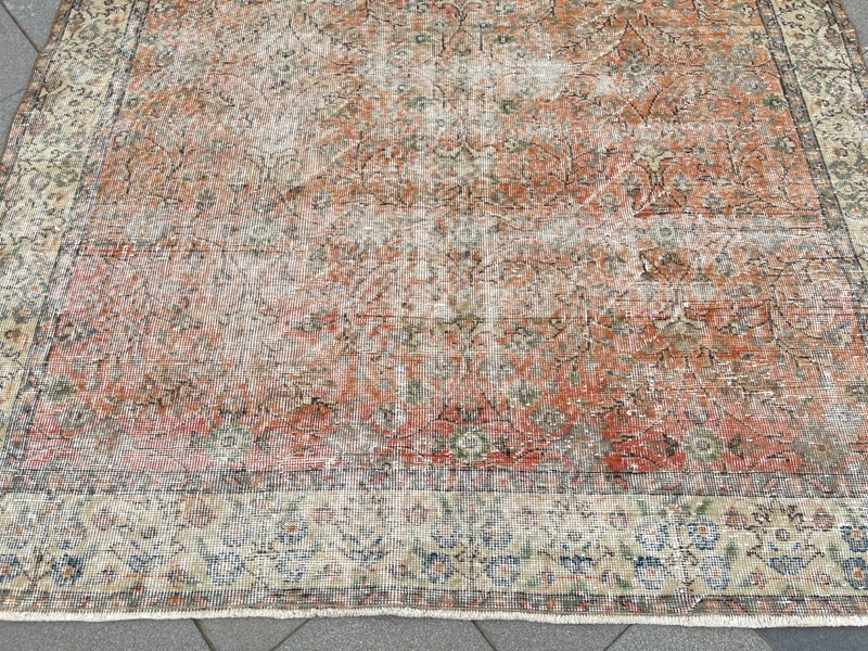 Vintage Turkish Oushak Rug 5.8x9.3 ft Distressed Beige Terracotta Wool gallery