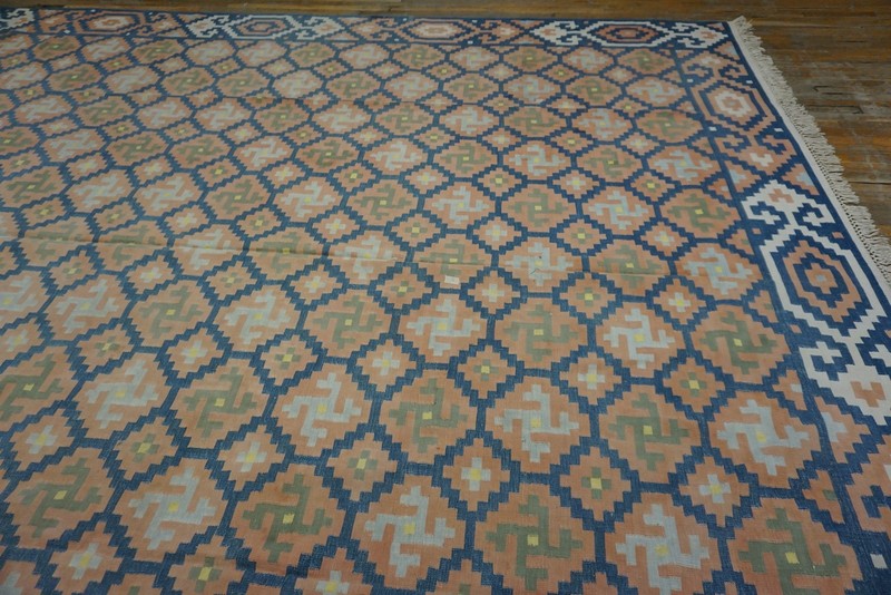 12X15 Vintage Indian Dhurries Blue Cotton Area Rug 1935 gallery
