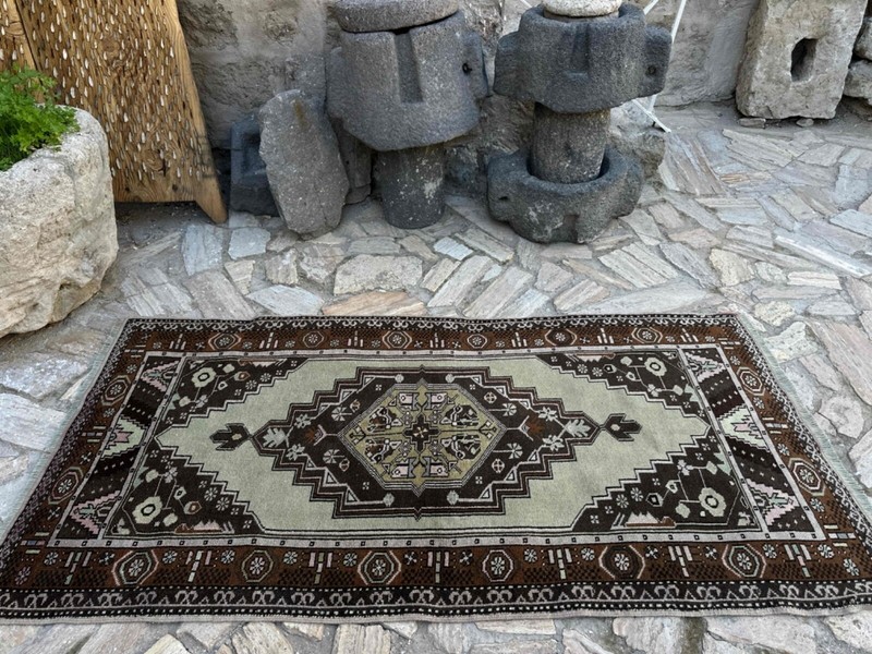 Hand-Knotted Turkish Rug 3x7 Brown Wool Traditional Carpet Muted Medium Size Rug gallery