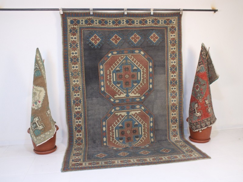 Vintage Hand Knotted Area Rug Blue Red Beige Geometric Turkish Rug 5x8 ft gallery