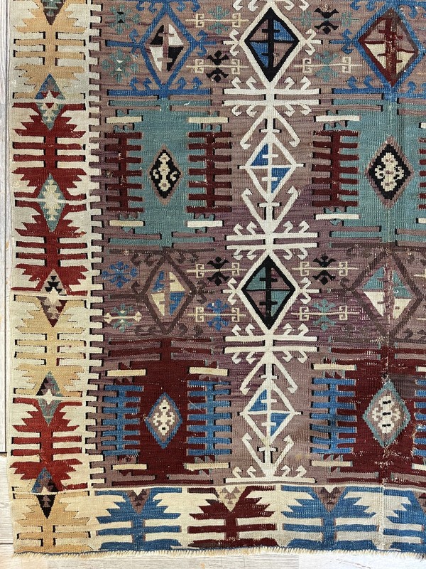 19th C Decorative Collectable Turkish Anatolian Reyhannli Kilim Rug 5’ x 8’3” gallery