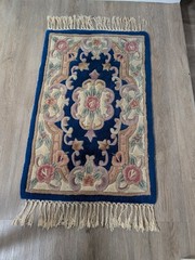 Vintage Handmade Chinese Small Wool Rug 23″x 35″ with Fringes Royal Blue