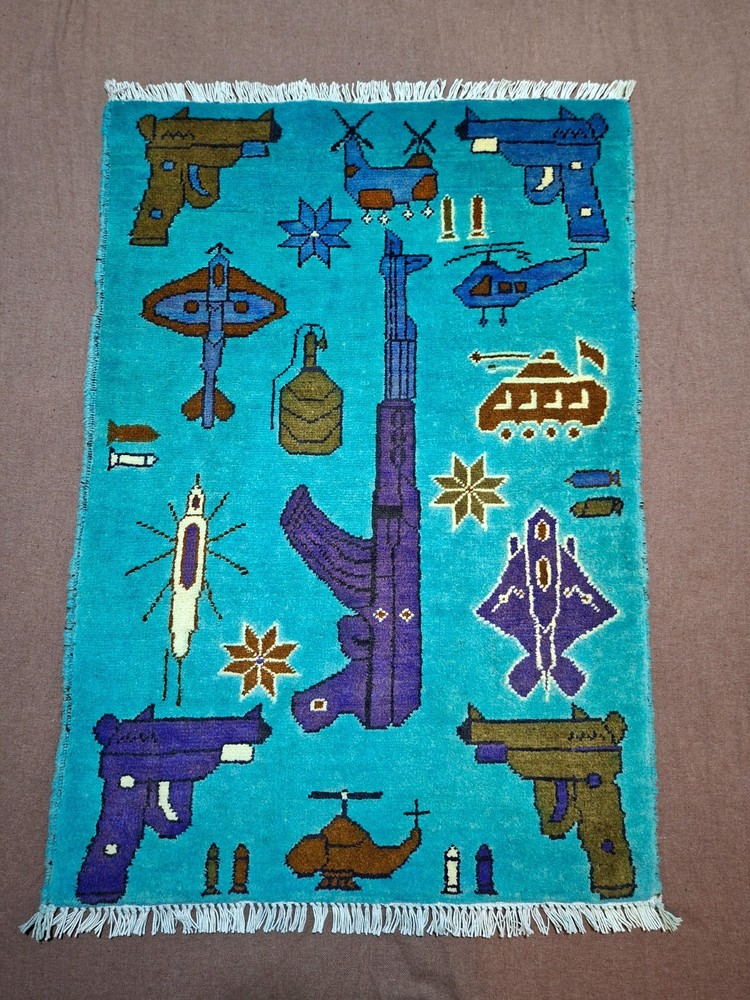 M24 Vintage Afghan War Rug 9/11 Handmade Wool Pictorial Tribal Rug 89x63 Cm