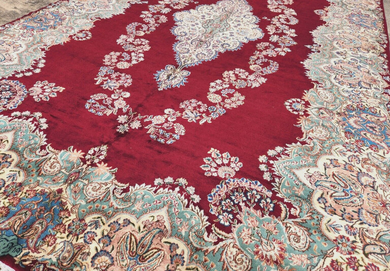 8'10'X16'7 ANTIQUE HAND-KNOTTED KERMANI KASHANI VINTAGE WOOL RED RUG gallery