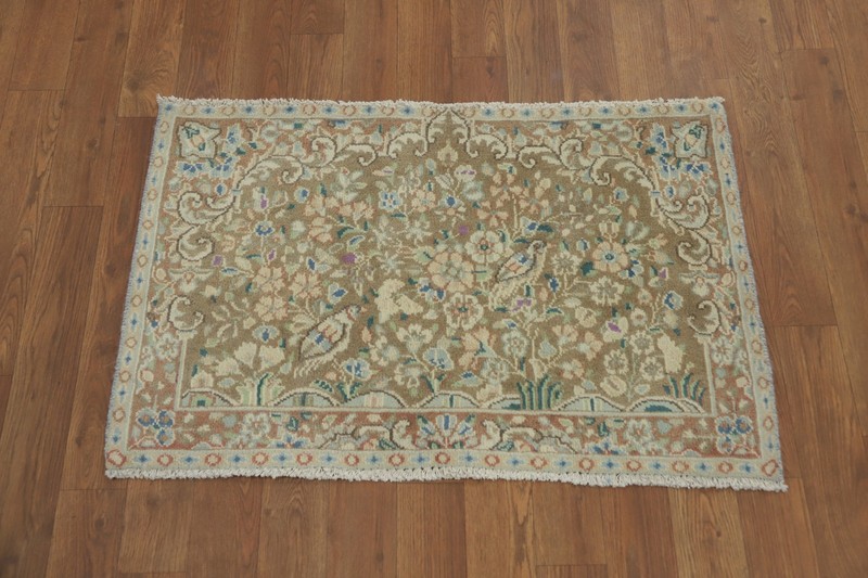Vegetable Dye Light Brown Wool Floral Bird Design Vintage Handmade Foyer Rug 2x3 gallery