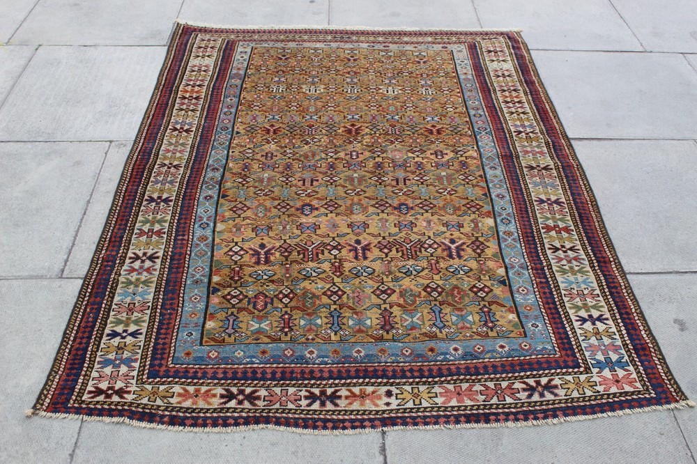 Antique Worn Hand Made Traditional Oriental Wool Gold Yellow Large Rug 180x132cm