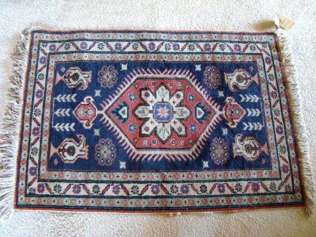 Beautiful Vintage 100% Woven Wool 40" Long Geometric Red & Deep Blue Rug gallery