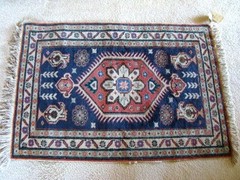 Beautiful Vintage 100% Woven Wool 40″ Long Geometric Red & Deep Blue Rug
