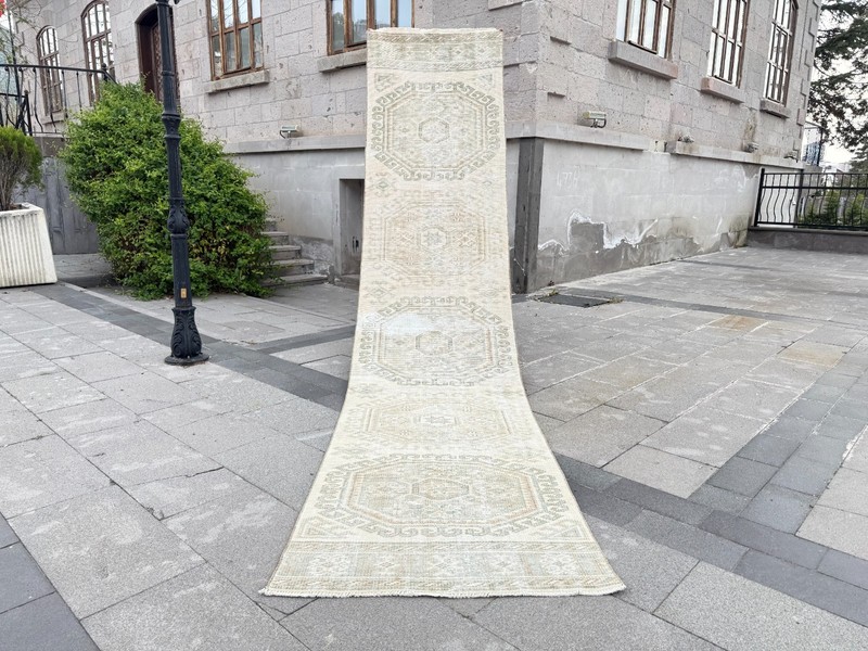 Vintage Turkish Oushak Runner Rug 2.7x12.4 ft Ivory Beige Hallway Wool gallery