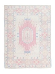 Ivory Pink Blue Handmade Wool Rug 5×6.6 ft Vintage Turkish Oushak Modern Carpet