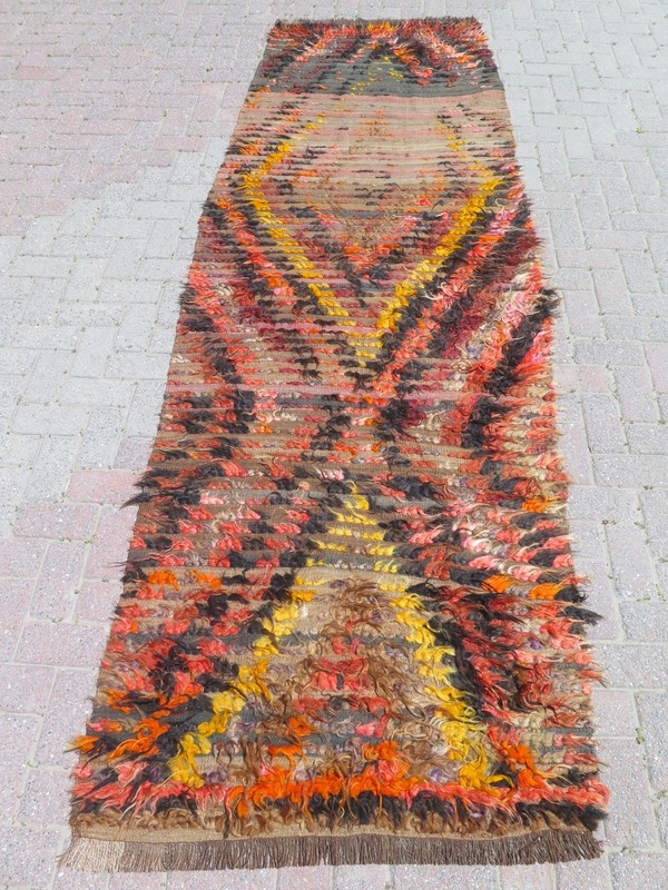 Turkish Shaggy Carpet Runner, Vintage Hallway Rugs Aisle Wide Mohair Rug 42X127" gallery