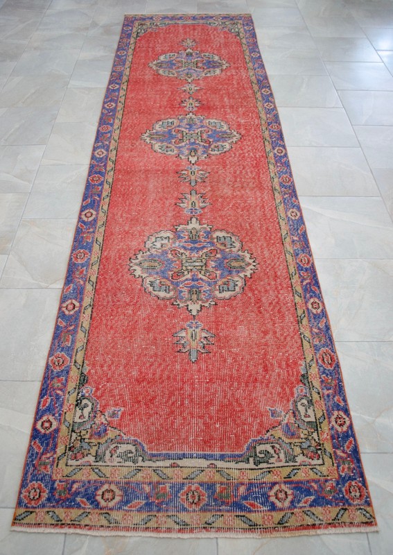 Vintage Turkish Runner Rug Hand-Knotted 1970s Oushak Distressed Low Pile 3x12 ft gallery