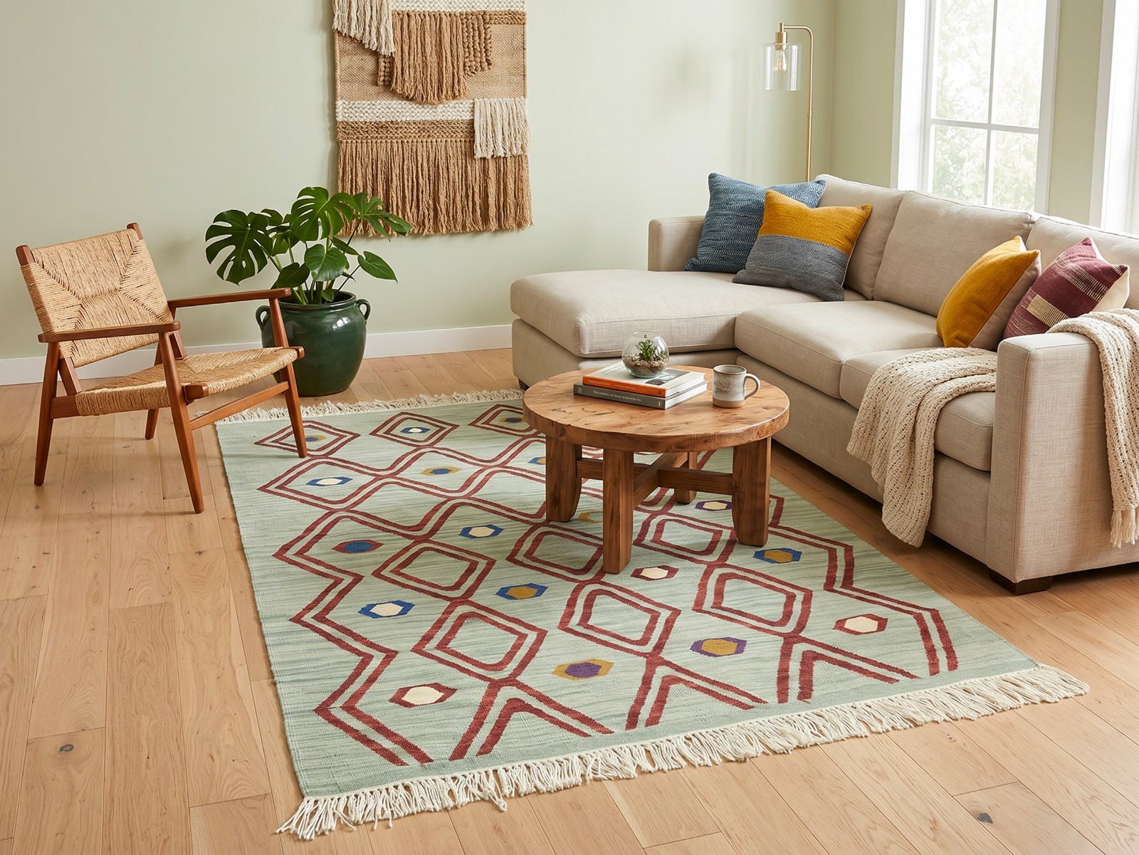 Living Room Rug 4x6 Handwoven Turkish Kilim Sage Terracotta Organic Modern gallery