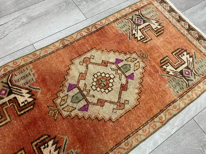 Turkish Tribal Wool Rug Handmade 1.6x3.3 ft Vintage Terracotta Geometric Small gallery