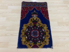 Antique Turkish Rug 1.3×2.2 ft Vintage Small Mat Navy Blue Gold Wool Boho Rug